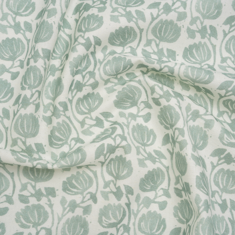 Cotton and Linen Canvas Print – Seafoam Block Print Florals – British Imported Cotton and Linen Canvas Print – Seafoam Block Print Florals – British Imported