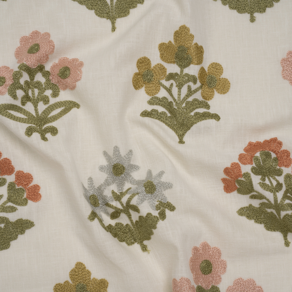 Polyester and Cotton Slubbed Drapery Woven with Viscose Embroidery – Garden Simple Flowers – British Imported Polyester and Cotton Slubbed Drapery Woven with Viscose Embroidery – Garden Simple Flowers – British Imported