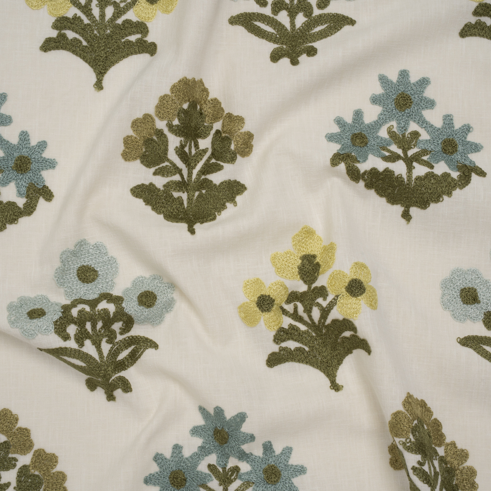 Polyester and Cotton Slubbed Drapery Woven with Viscose Embroidery – Lagoon Simple Flowers – British Imported Polyester and Cotton Slubbed Drapery Woven with Viscose Embroidery – Lagoon Simple Flowers – British Imported