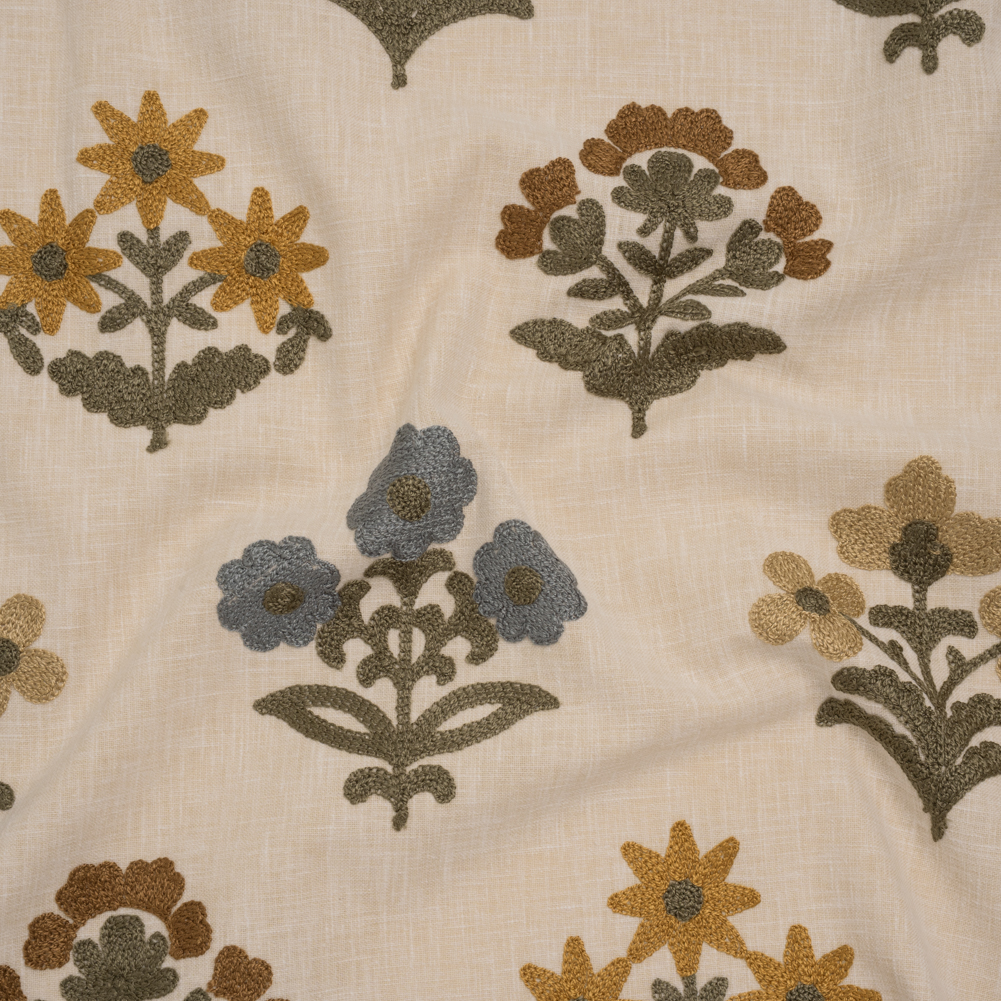 Polyester and Cotton Slubbed Drapery Woven with Viscose Embroidery – Maize Simple Flowers – British Imported Polyester and Cotton Slubbed Drapery Woven with Viscose Embroidery – Maize Simple Flowers – British Imported