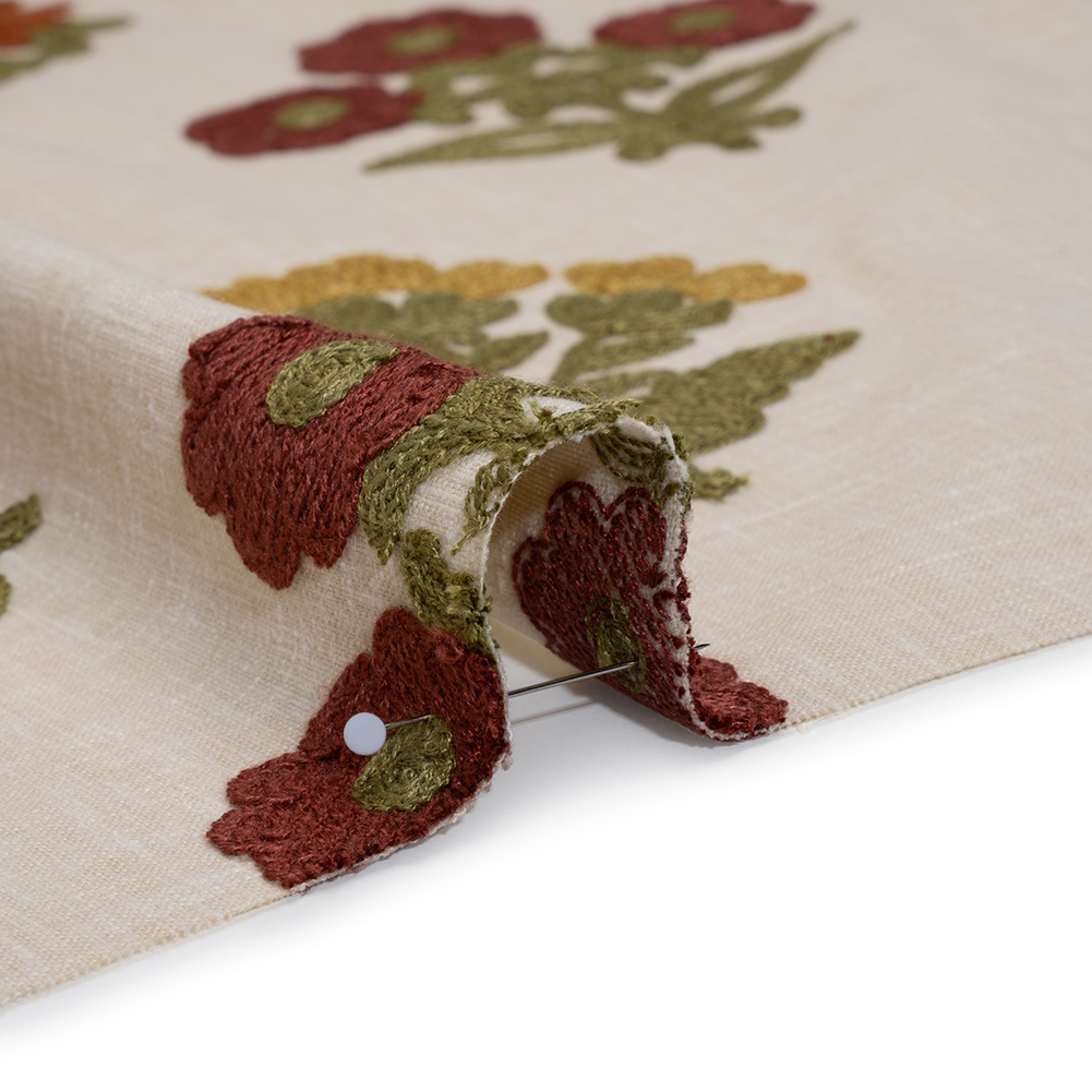 Polyester and Cotton Slubbed Drapery Woven with Viscose Embroidery – Terracotta Simple Flowers – British Imported Polyester and Cotton Slubbed Drapery Woven with Viscose Embroidery – Terracotta Simple Flowers – British Imported