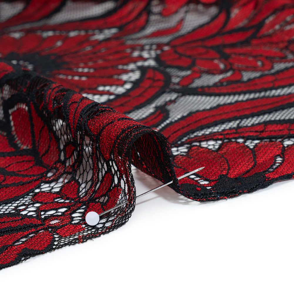 Raschel Lace Panel with Finished Edges - Black and Red Bold Daisies and Leaves