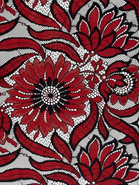 Raschel Lace Panel with Finished Edges – Black and Red Bold Daisies and Leaves Raschel Lace Panel with Finished Edges – Black and Red Bold Daisies and Leaves