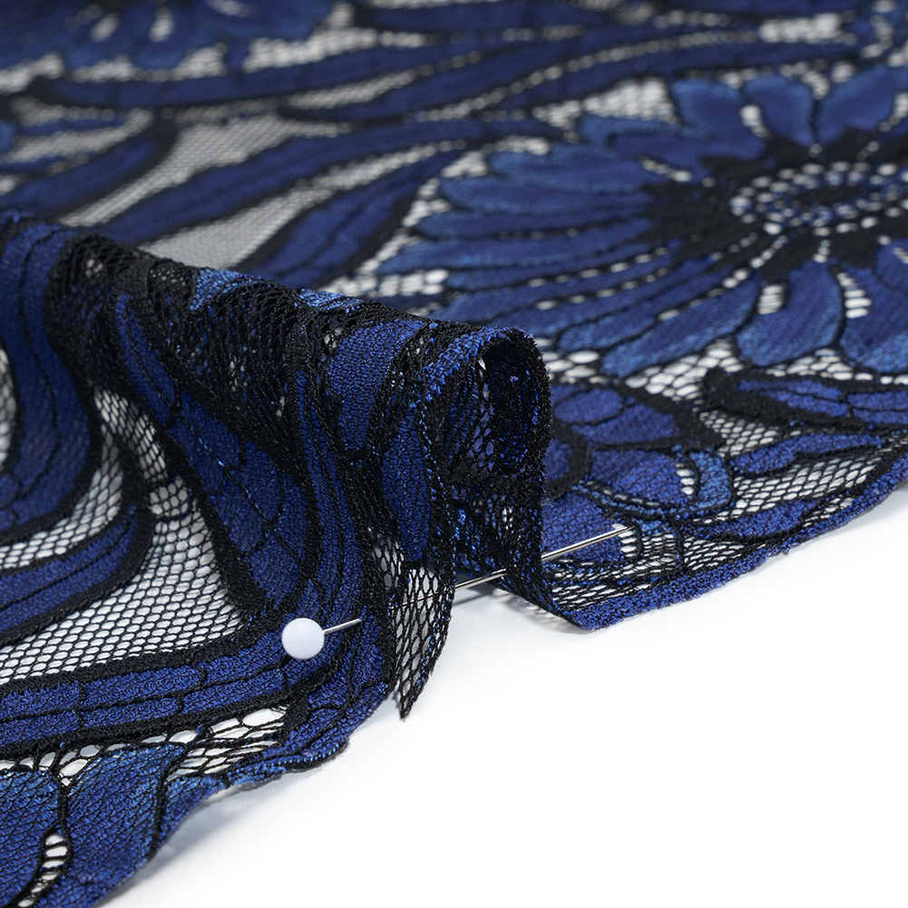 Raschel Lace Panel with Finished Edges - Black and Blue Bold Daisies and Leaves