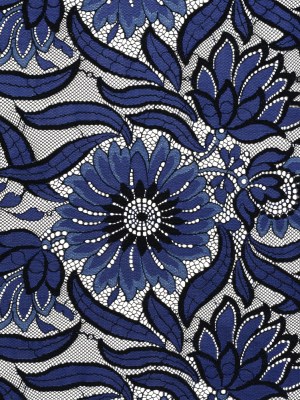 Raschel Lace Panel with Finished Edges – Black and Blue Bold Daisies and Leaves Raschel Lace Panel with Finished Edges – Black and Blue Bold Daisies and Leaves