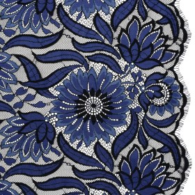 Raschel Lace Panel with Finished Edges – Black and Blue Bold Daisies and Leaves Raschel Lace Panel with Finished Edges – Black and Blue Bold Daisies and Leaves