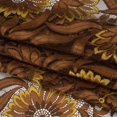 Raschel Lace Panel with Finished Edges – Chestnut, Brown, and Buttercup Bold Daisies and Leaves Raschel Lace Panel with Finished Edges – Chestnut, Brown, and Buttercup Bold Daisies and Leaves