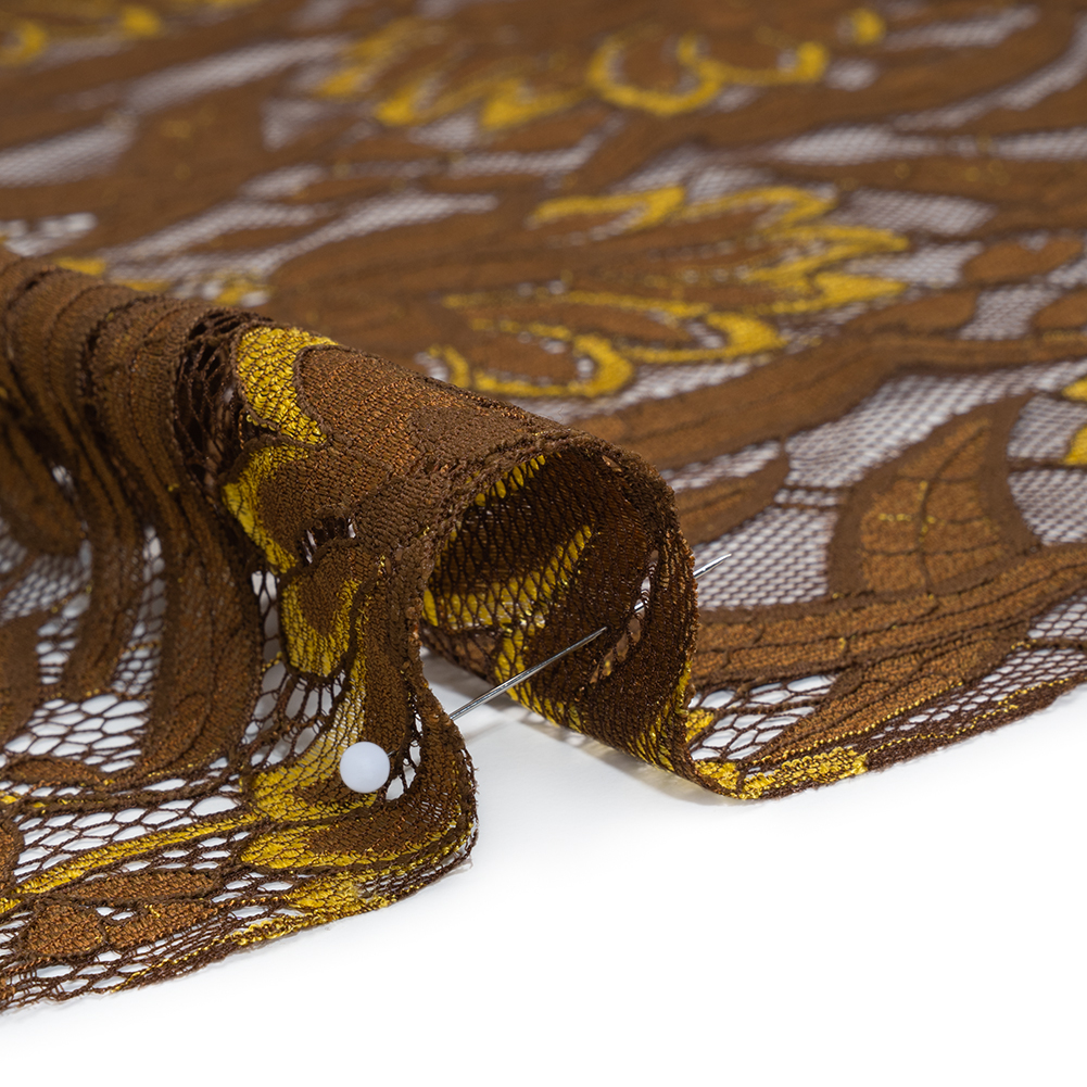Raschel Lace Panel with Finished Edges - Chestnut, Brown, and Buttercup Bold Daisies and Leaves