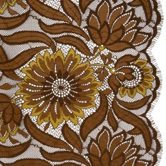 Raschel Lace Panel with Finished Edges – Chestnut, Brown, and Buttercup Bold Daisies and Leaves Raschel Lace Panel with Finished Edges – Chestnut, Brown, and Buttercup Bold Daisies and Leaves