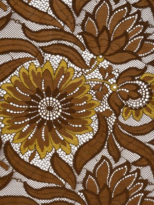 Raschel Lace Panel with Finished Edges – Chestnut, Brown, and Buttercup Bold Daisies and Leaves Raschel Lace Panel with Finished Edges – Chestnut, Brown, and Buttercup Bold Daisies and Leaves