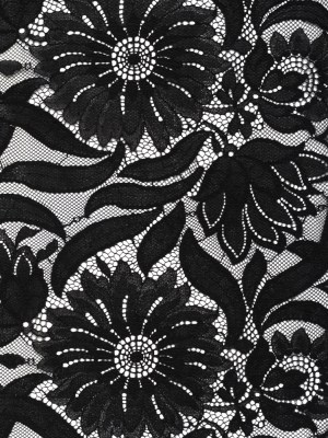 Raschel Lace Panel with Finished Edges – Black Bold Daisies and Leaves Raschel Lace Panel with Finished Edges – Black Bold Daisies and Leaves