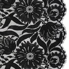 Raschel Lace Panel with Finished Edges – Black Bold Daisies and Leaves Raschel Lace Panel with Finished Edges – Black Bold Daisies and Leaves