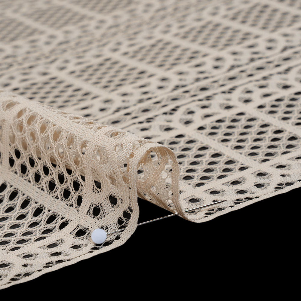 Raschel Lace Panel with Finished Edges - Tea Stain Geometric Rows of Windows