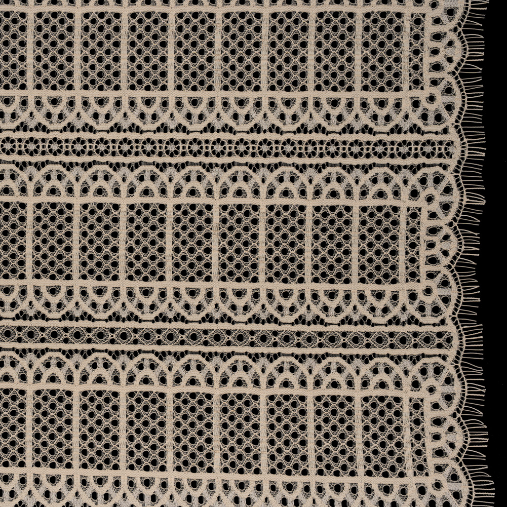 Raschel Lace Panel with Finished Edges – Tea Stain Geometric Rows of Windows Raschel Lace Panel with Finished Edges – Tea Stain Geometric Rows of Windows