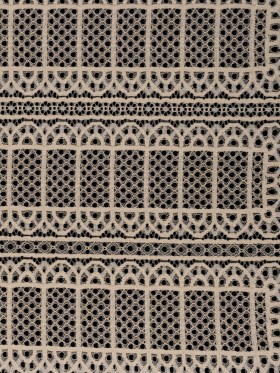 Raschel Lace Panel with Finished Edges – Tea Stain Geometric Rows of Windows Raschel Lace Panel with Finished Edges – Tea Stain Geometric Rows of Windows