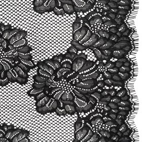Corded Raschel Lace Panel with Finished Edges – Black Big Flowers on Diamond Net Corded Raschel Lace Panel with Finished Edges – Black Big Flowers on Diamond Net