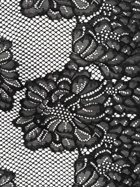 Corded Raschel Lace Panel with Finished Edges – Black Big Flowers on Diamond Net Corded Raschel Lace Panel with Finished Edges – Black Big Flowers on Diamond Net