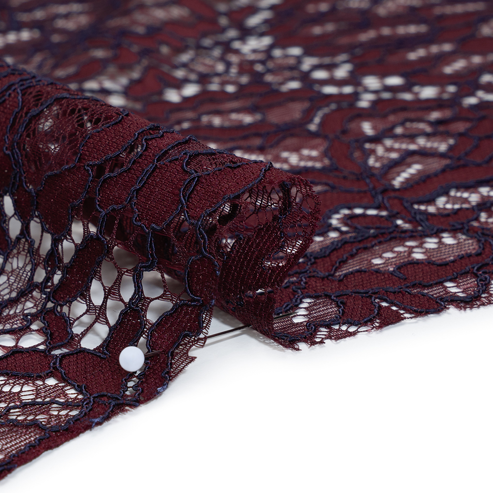 Corded Raschel Lace Panel with Finished Edges – Burgundy and Navy All-Over Flowers and Leaves Corded Raschel Lace Panel with Finished Edges – Burgundy and Navy All-Over Flowers and Leaves