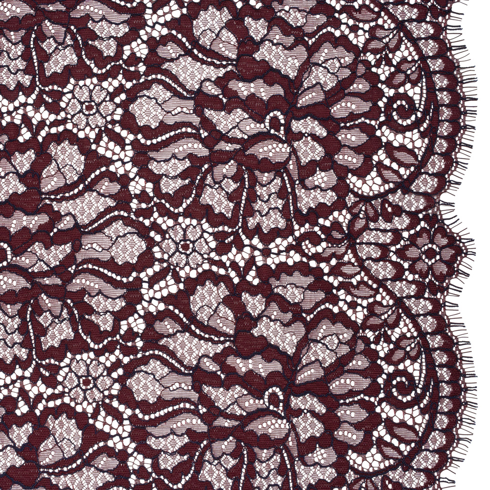 Corded Raschel Lace Panel with Finished Edges - Burgundy and Navy All-Over Flowers and Leaves
