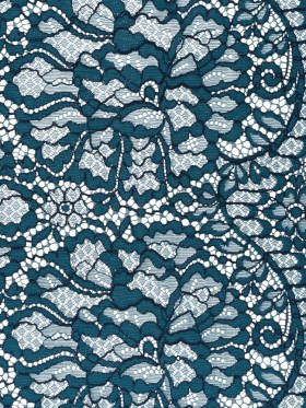 Corded Raschel Lace Panel with Finished Edges – Dark Teal and Navy All-Over Flowers and Leaves Corded Raschel Lace Panel with Finished Edges – Dark Teal and Navy All-Over Flowers and Leaves