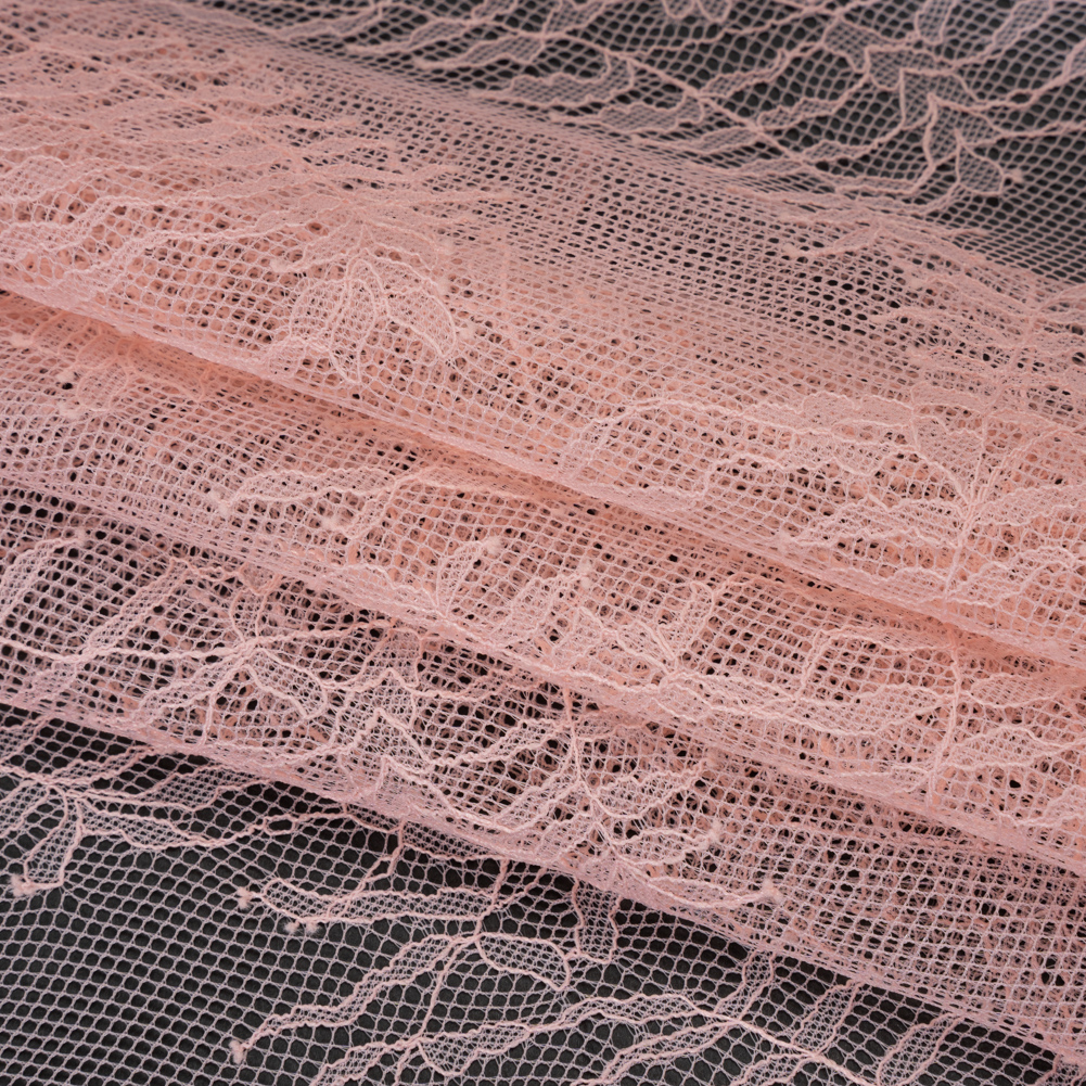 Raschel Lace Panel with Finished Edges – Blossom Pink Delicate Leafy Vines on Net Raschel Lace Panel with Finished Edges – Blossom Pink Delicate Leafy Vines on Net