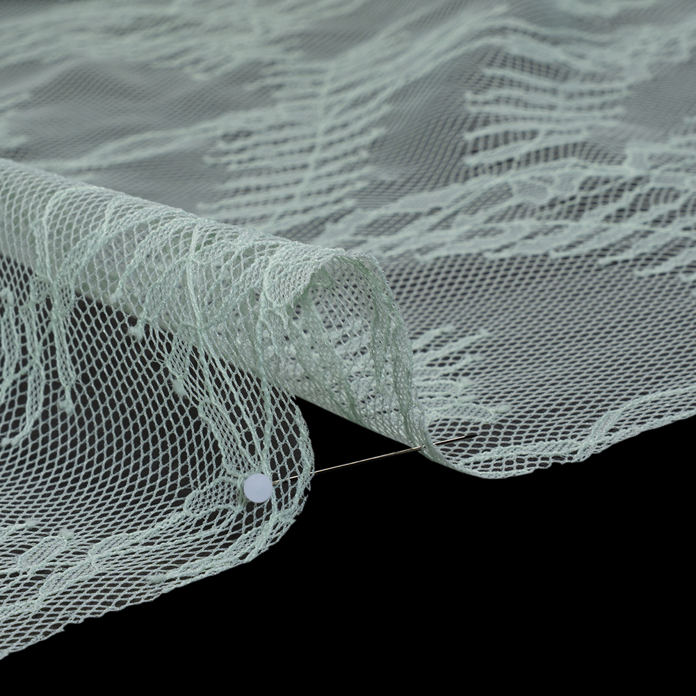 Raschel Lace Panel with Finished Edges - Dusty Aqua Delicate Leafy Vines on Net