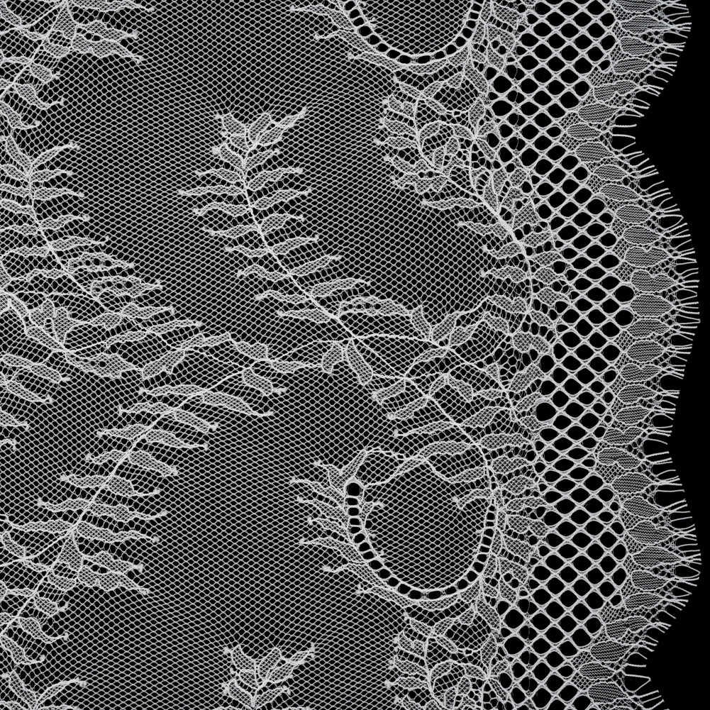 Raschel Lace Panel with Finished Edges - Ivory Delicate Leafy Vines on Net