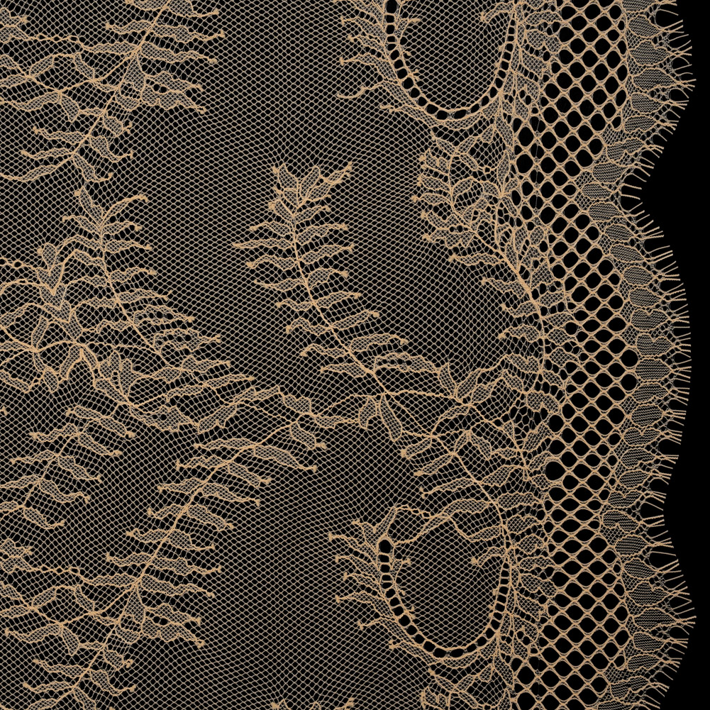 Raschel Lace Panel with Finished Edges - Buff Delicate Leafy Vines on Net