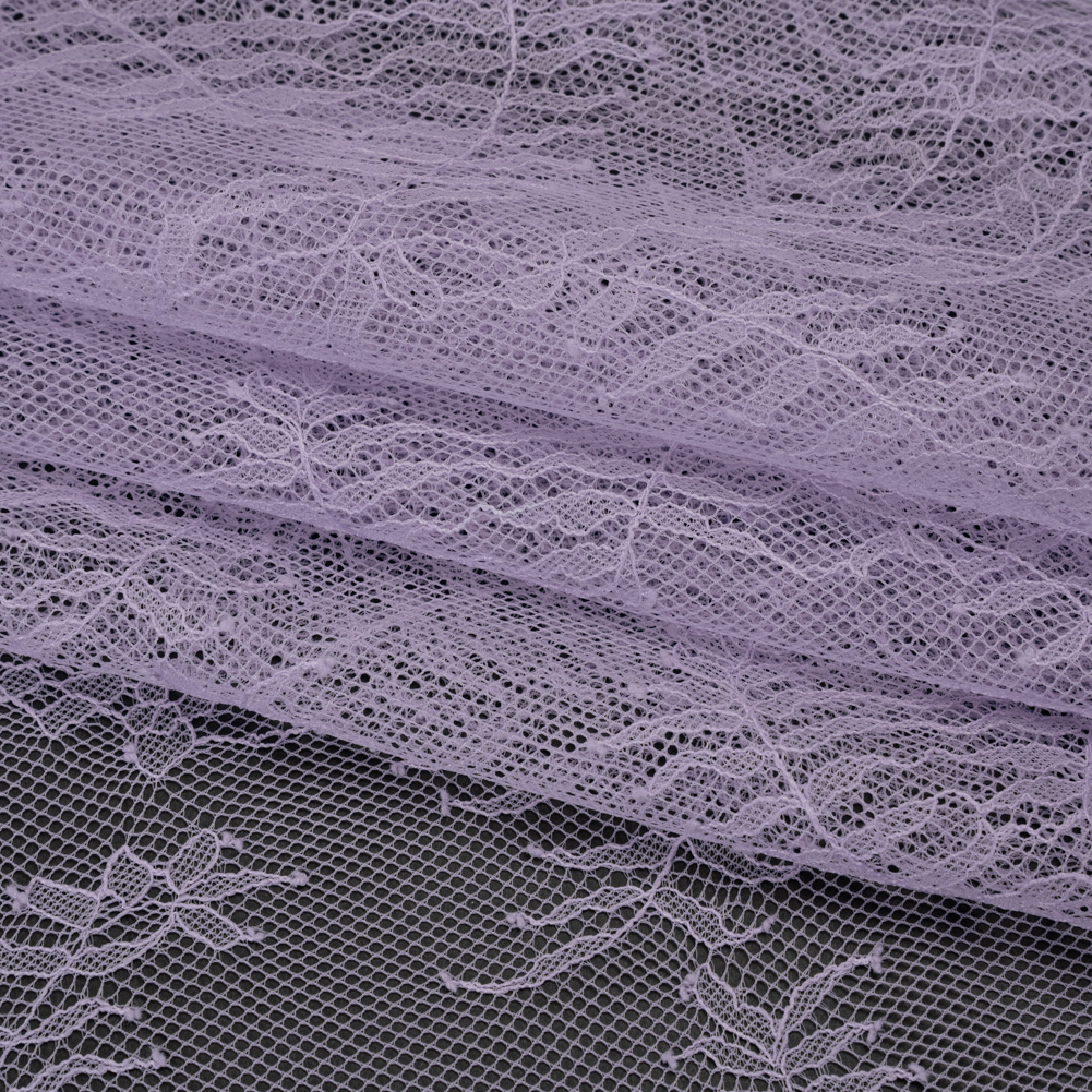 Raschel Lace Panel with Finished Edges – Lavender Delicate Leafy Vines on Net Raschel Lace Panel with Finished Edges – Lavender Delicate Leafy Vines on Net