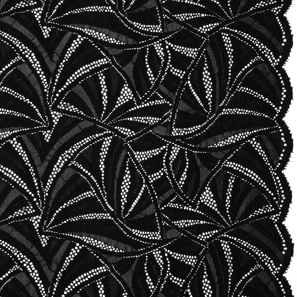 Stretch Raschel Lace with Finished Edges - Black Flying Fans