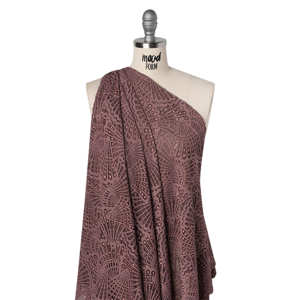 Stretch Raschel Lace with Finished Edges – Old Rose and Salmon Shell Fans Stretch Raschel Lace with Finished Edges – Old Rose and Salmon Shell Fans