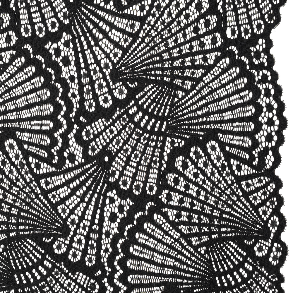 Stretch Raschel Lace with Finished Edges - Black Shell Fans