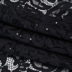 Stretch Raschel Lace with Metallic Spots – Black Fancy Leaves and Flowers Stretch Raschel Lace with Metallic Spots – Black Fancy Leaves and Flowers