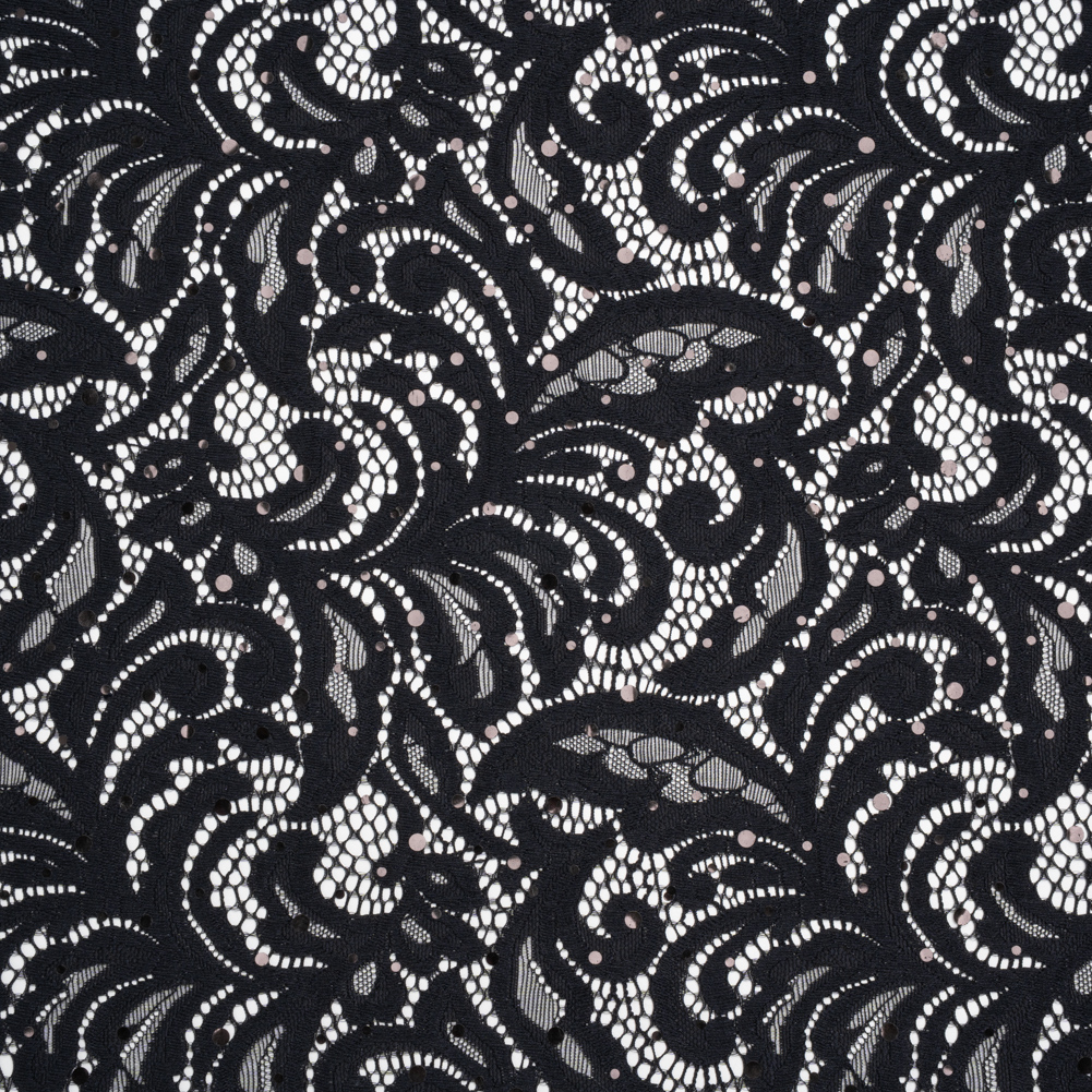 Stretch Raschel Lace with Metallic Spots - Black Fancy Leaves and Flowers