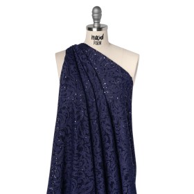 Stretch Raschel Lace with Metallic Spots – Navy Fancy Leaves and Flowers Stretch Raschel Lace with Metallic Spots – Navy Fancy Leaves and Flowers