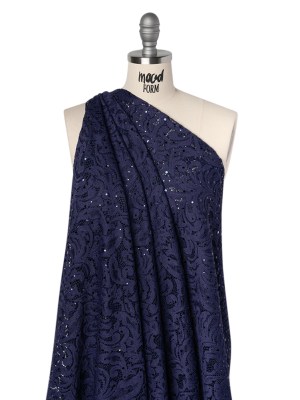 Stretch Raschel Lace with Metallic Spots – Navy Fancy Leaves and Flowers Stretch Raschel Lace with Metallic Spots – Navy Fancy Leaves and Flowers