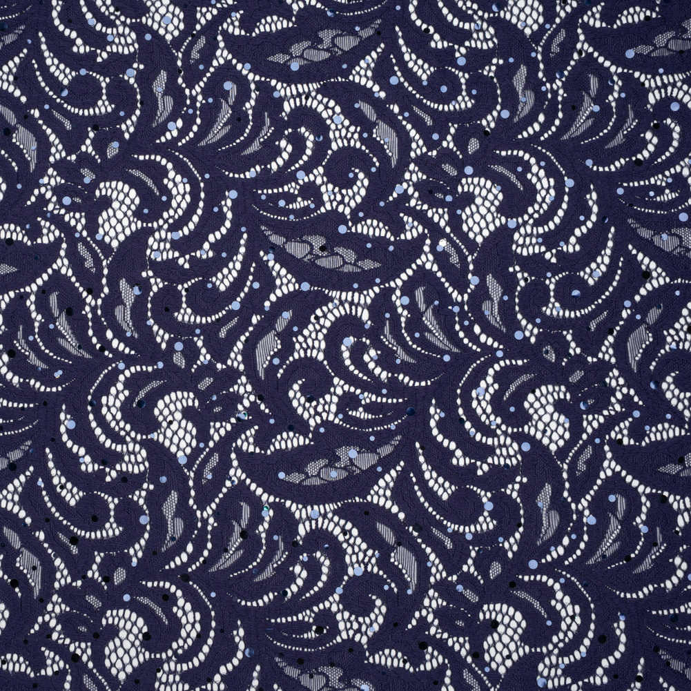 Stretch Raschel Lace with Metallic Spots - Navy Fancy Leaves and Flowers