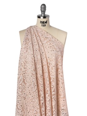 Stretch Raschel Lace with Metallic Spots – Blush and Gold Fancy Leaves and Flowers Stretch Raschel Lace with Metallic Spots – Blush and Gold Fancy Leaves and Flowers