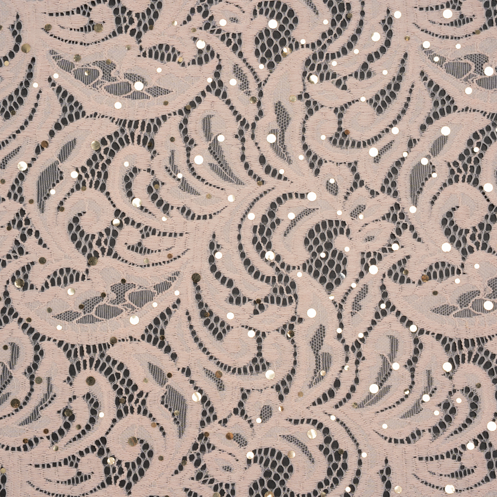 Stretch Raschel Lace with Metallic Spots - Blush and Gold Fancy Leaves and Flowers