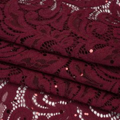 Stretch Raschel Lace with Metallic Spots – Burgundy Fancy Leaves and Flowers Stretch Raschel Lace with Metallic Spots – Burgundy Fancy Leaves and Flowers