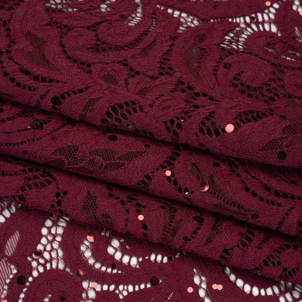 Stretch Raschel Lace with Metallic Spots – Burgundy Fancy Leaves and Flowers Stretch Raschel Lace with Metallic Spots – Burgundy Fancy Leaves and Flowers