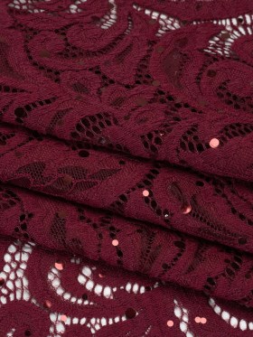Stretch Raschel Lace with Metallic Spots – Burgundy Fancy Leaves and Flowers Stretch Raschel Lace with Metallic Spots – Burgundy Fancy Leaves and Flowers