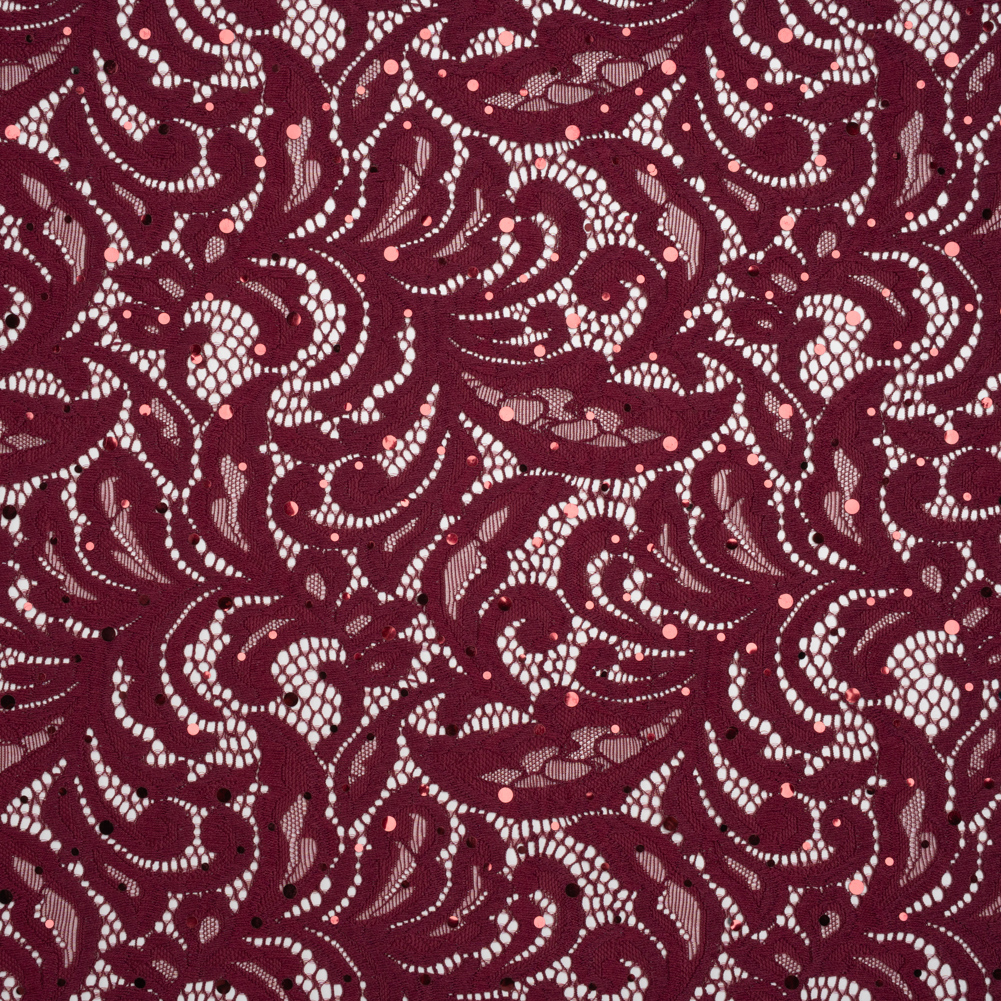Stretch Raschel Lace with Metallic Spots - Burgundy Fancy Leaves and Flowers