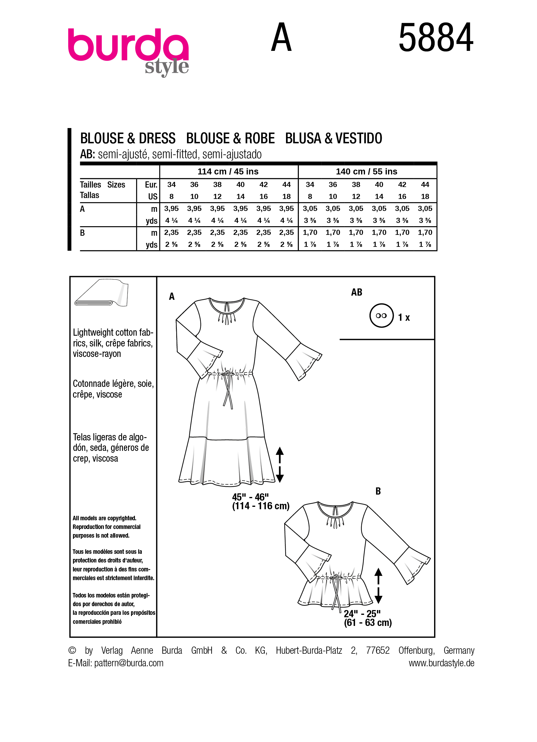 Burda Style Women Blouse & Dress #5884 Burda Style Women Blouse & Dress #5884