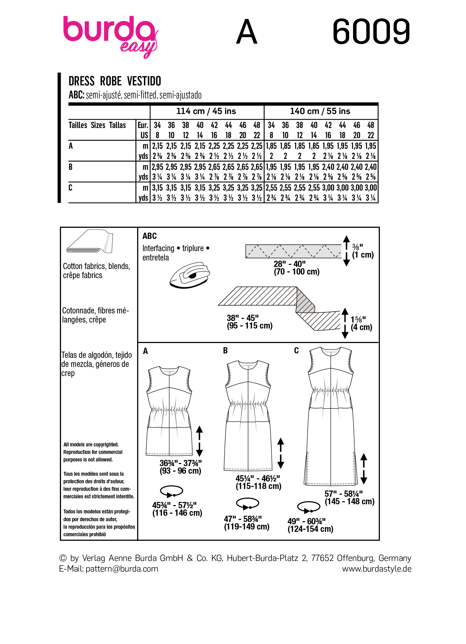 Burda Easy sewing pattern Women Dresses #6009