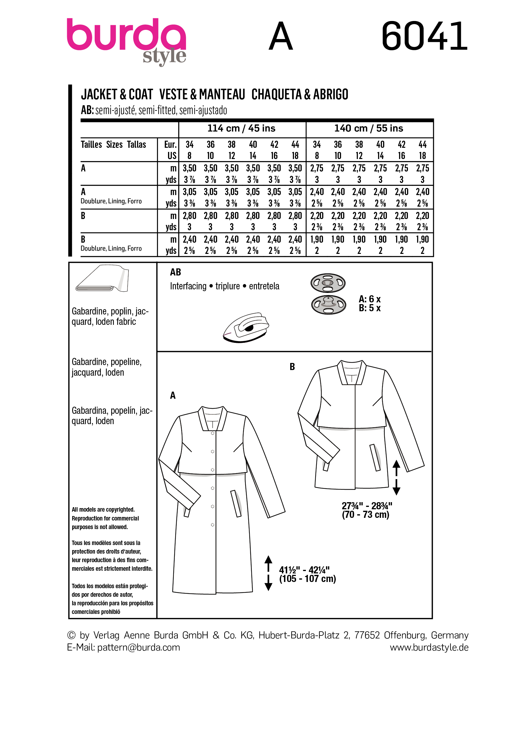 Burda Style sewing pattern Women Jacket & Coat #6041