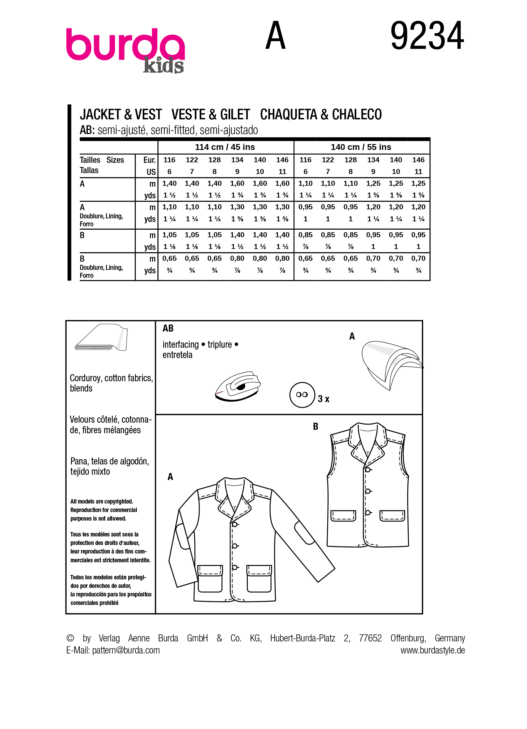 burda kids sewing pattern Boys Jacket & Vest #9234