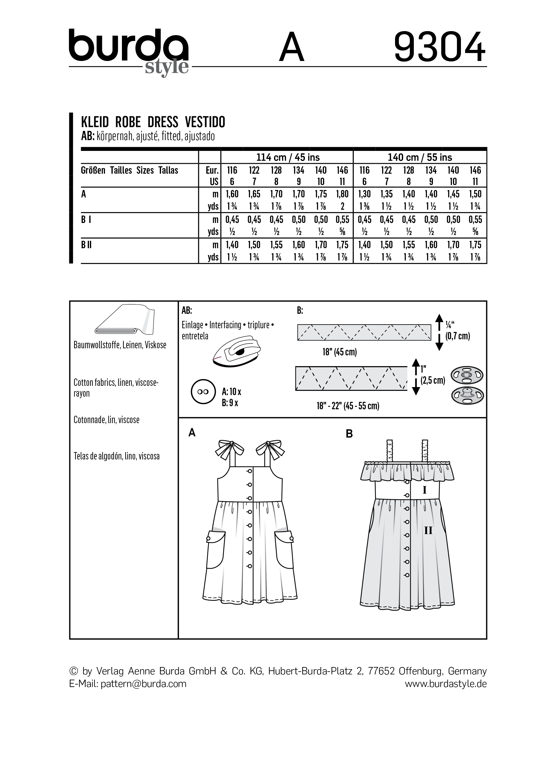 Burda Kids sewing pattern Girls Dresses #9304 Burda Kids sewing pattern Girls Dresses #9304