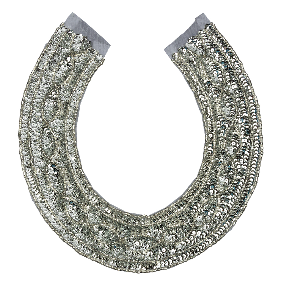 Vintage Metallic Silver Sequined and Beaded Collar Applique – 9.75″ X 9.25″ Vintage Metallic Silver Sequined and Beaded Collar Applique – 9.75″ X 9.25″