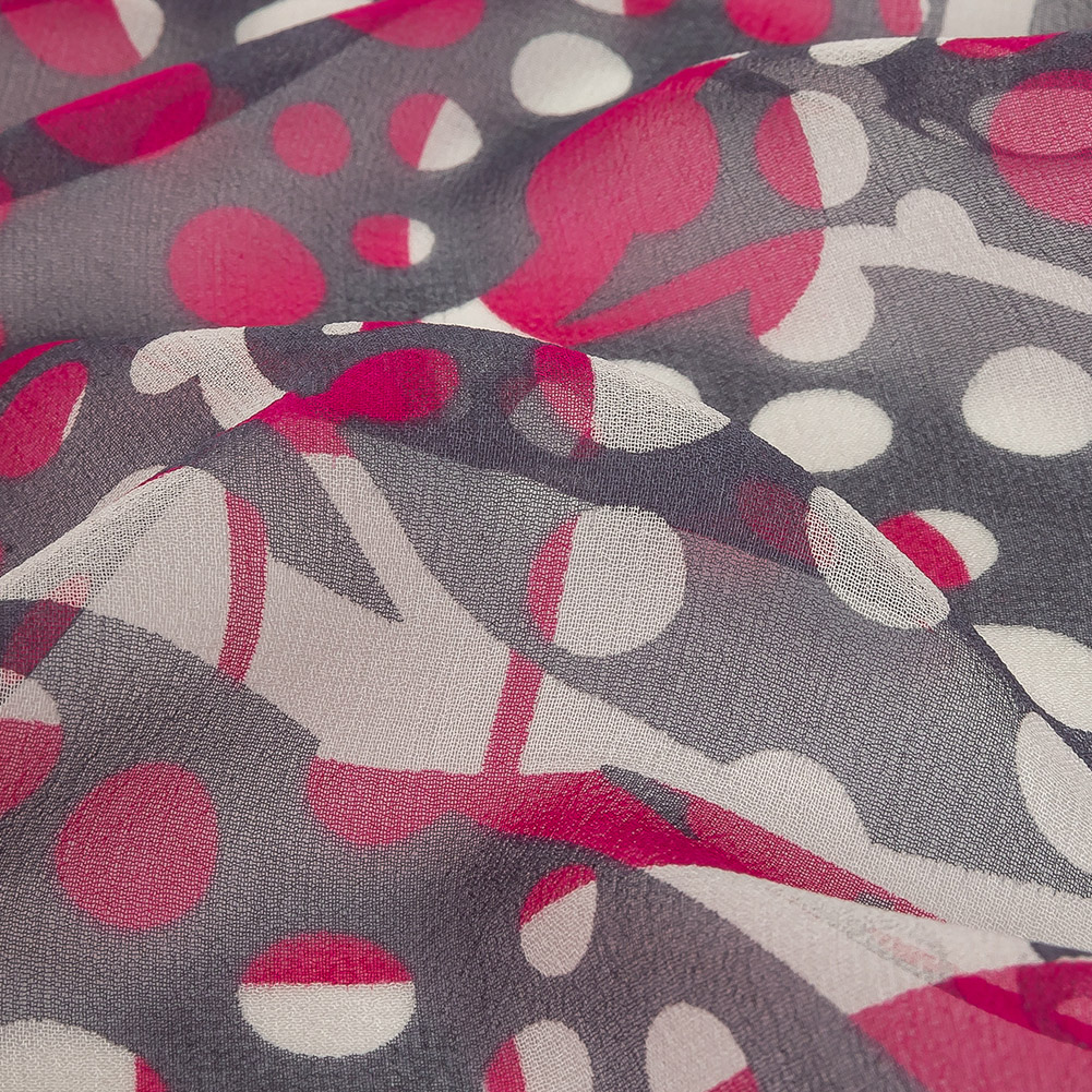Fuchsia, Gray and White Circles and Stripes Silk Chiffon Fuchsia, Gray and White Circles and Stripes Silk Chiffon